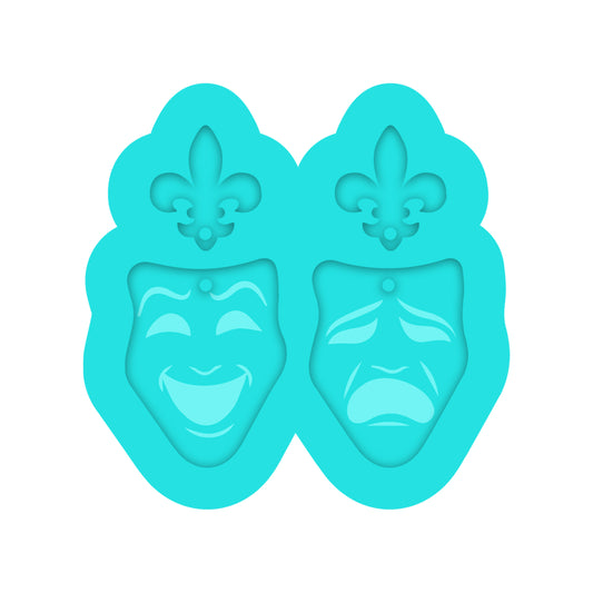 Mardi Gras Comedy & Tragedy Masks Dangle Earring Silicone Mold for Resin Jewelry Artists.